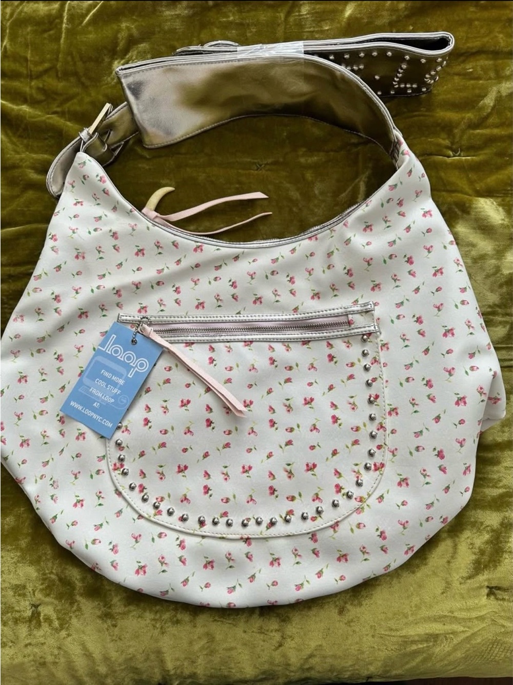 Loop Floral Studded Hobo Bag in White with Pink Rose Print